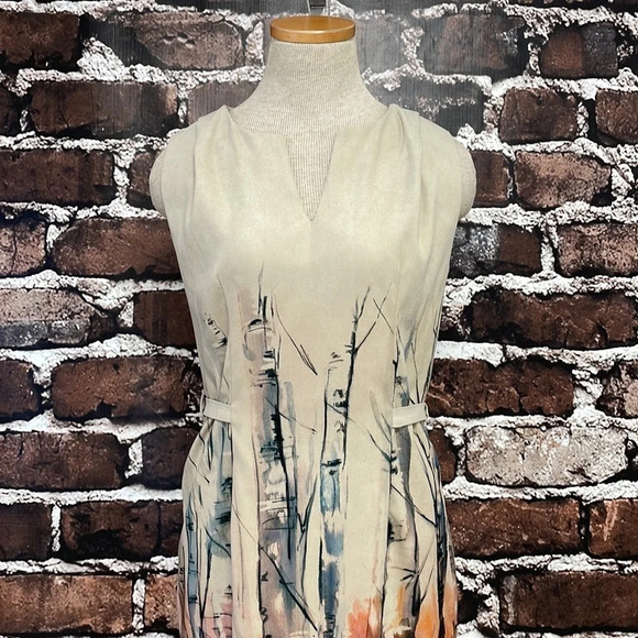 Lavand Dress Sheath Tan Sleeveless Tree Print Watercolor Size Medium - Picture 6 of 16